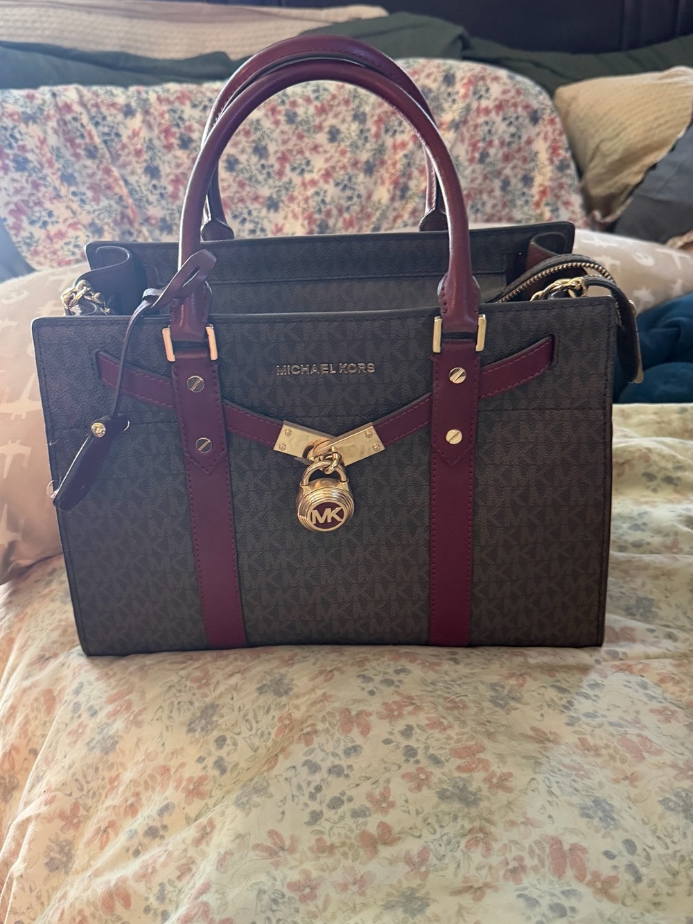 Michael Kors Brown MK Logo Satchel with Burgundy Trim and Gold Hardware